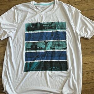 Old Navy White Short-Sleeve Tee with Blue & Teal Graphic Stripes